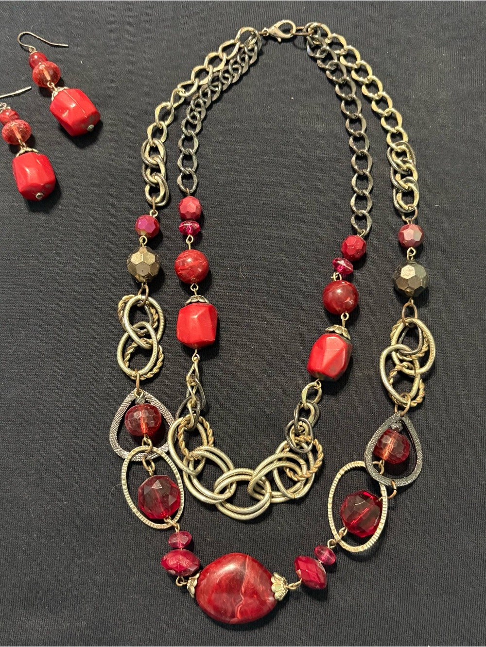 Red Chunky Statement Necklace Earrings Set 20” Mixed Metal Beaded Boho
